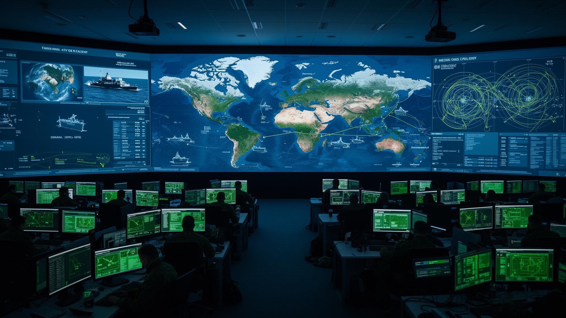 A military operations centre at dusk, banks of monitors showing live feeds, maps and intelligence streams